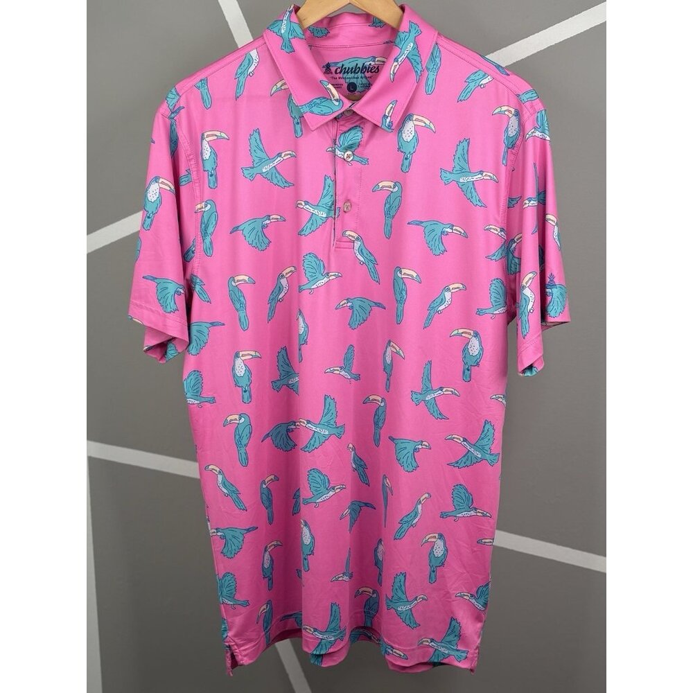 Chubbies Toucan Performance Polo Shirt Men’s L Pink Short Sleeve Stretch Golf